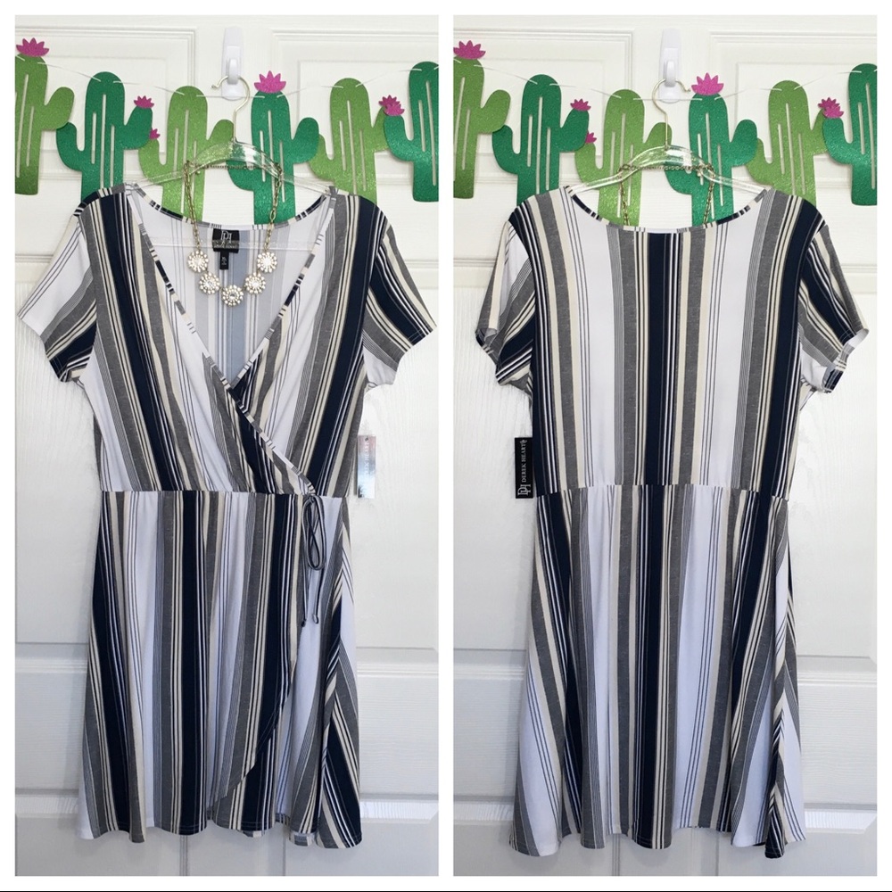 NWT Derek Heart Navy & Cream Striped Wrap Dress